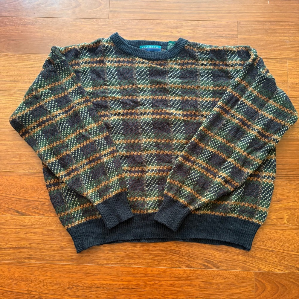 Claybrooke Mens XXL Vintage Plaid Crewneck Sweater Navy Green Wool Blend Knit